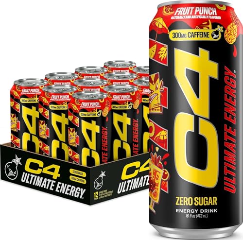 C4 Energy Ultimate Zero Sugar Energy Drink, Tri-Stim Experience with 300mg Caffeine + TeaCrine + Dynamine, Fruit Punch, 16oz (Pack of 12)